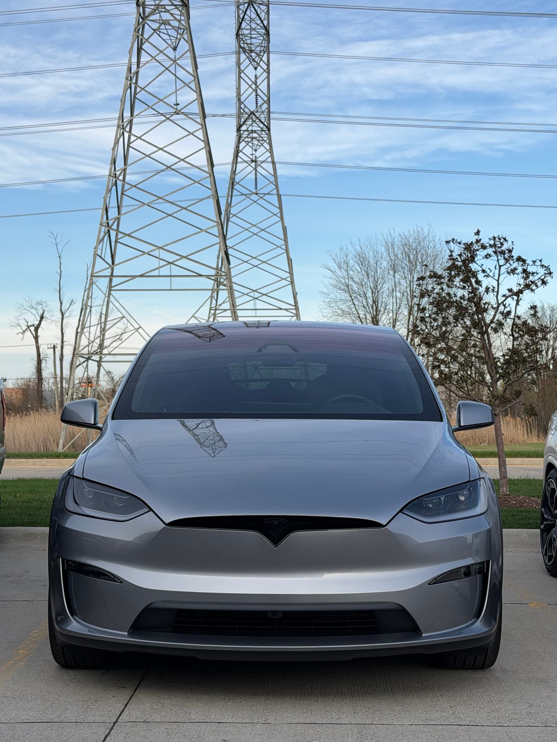 Gray Tesla Model X, head-on, outdoors